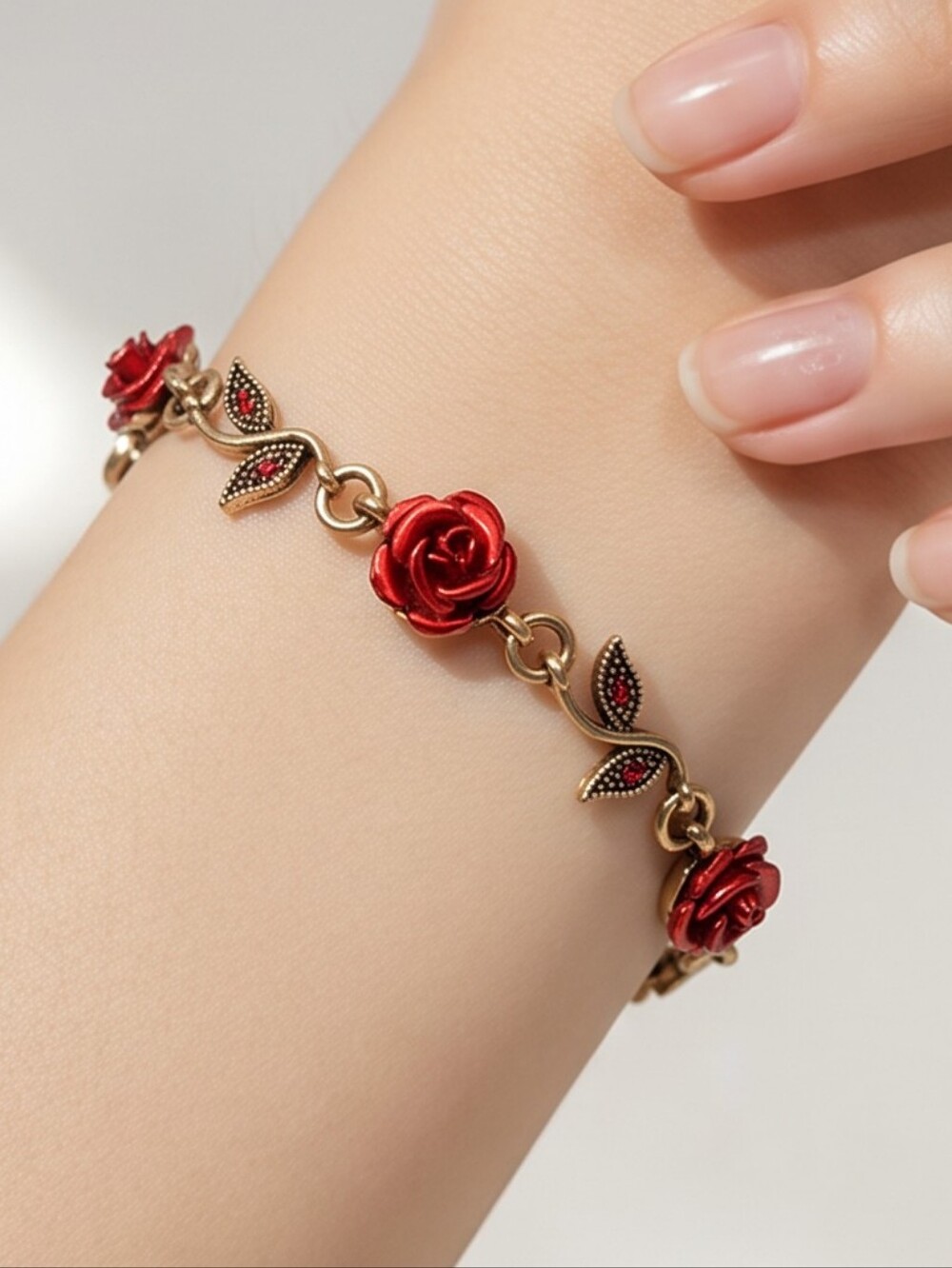 Red Rose Bracelet Antique Gold Floral Link Romantic Vintage Adjustable Jewelry